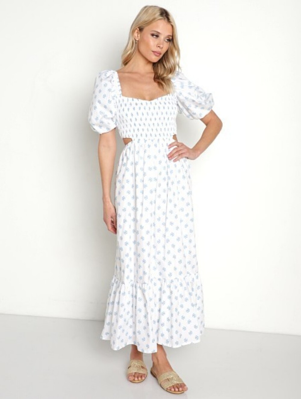Faithfull the Brand White Midi Dress with Light Blue Floral Print